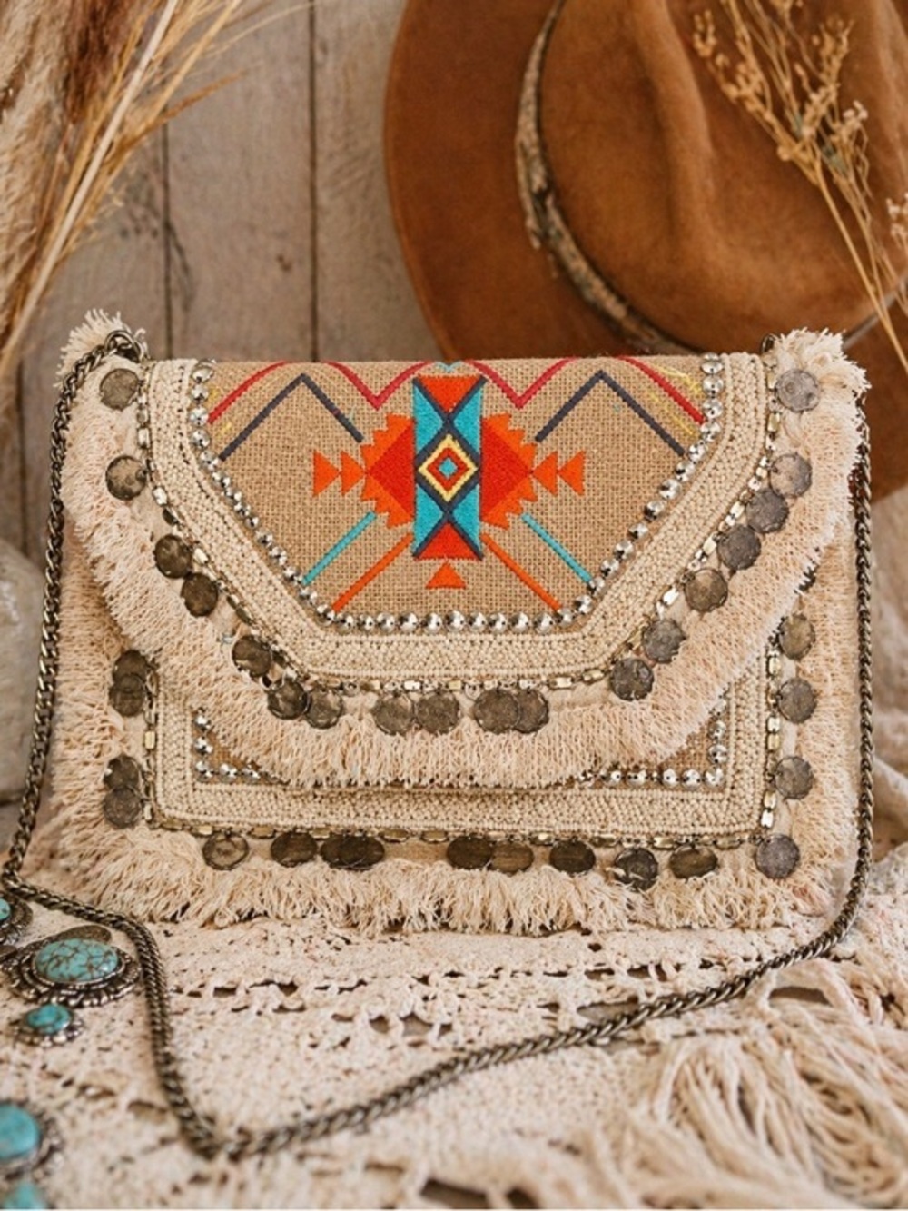 Antik Kraft Beige Jute Embroidered Fringe Crossbody Bag Boho Western Festival